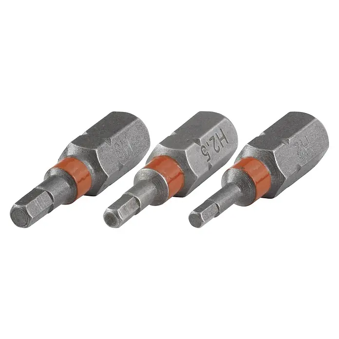Wolfcraft Bit-Set Innensechskant - 3 -tlg. - Nahaufnahme von drei Inbusschrauber-Bits (H1.5, H2.5, H2) mit rotem Farbcode zur Größenunterscheidung, ideal für Schraubarbeiten.