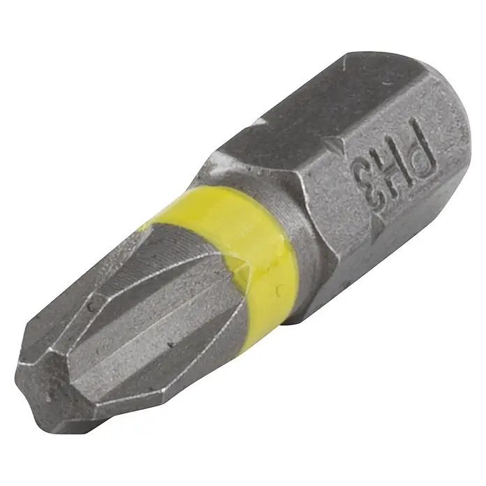 Wolfcraft Bit Solid - 25 mm, 3 Stk., PH 3 - Nahaufnahme eines PH3 Kreuzschlitz-Bits mit gelbem Ring, ideal für Schraubarbeiten. Das robuste Bit ist ein zuverlässiges Werkzeug für jede Werkstatt.