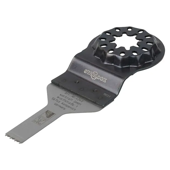 Wolfcraft Tauchsägeblatt Expert BiM - Arbeitsbreite: 10 mm - Das Bild zeigt ein oszillierendes Wolfcraft-Sägeblatt mit Starlock-Aufnahme für präzise Schnitte.