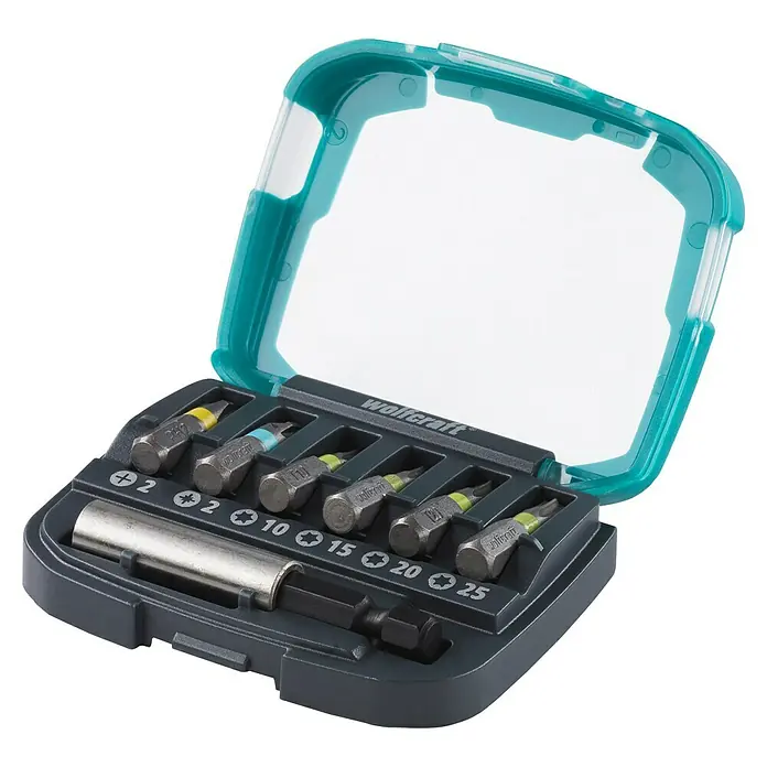 Wolfcraft Bit-Box - 7 -tlg. - Das Wolfcraft Bit-Set mit verschiedenen Schraubaufsätzen und Bithalter in einer praktischen Aufbewahrungsbox mit transparentem Deckel für Handwerker.