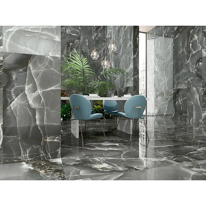Feinsteinzeugfliese Palace Dark - 60 x 120 cm, Dunkelgrau, Glänzend - Elegante graue Marmorfliesen, die ein luxuriöses Ambiente schaffen. Perfekt für moderne Innenräume und zeitlose Designs.