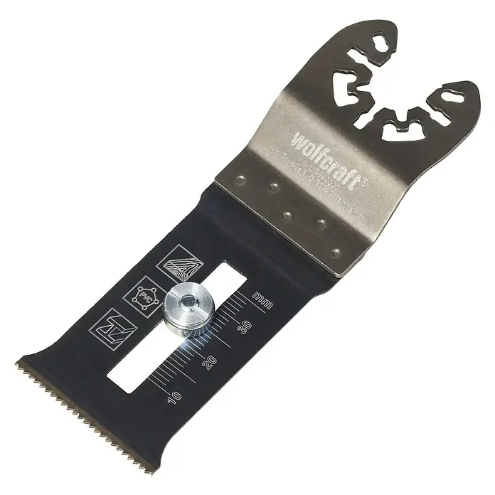 Wolfcraft Tauchsägeblatt Pro mit Tiefenanschlag - 35 mm, 1 Stk. - Bild einer Wolfcraft Oszillationssägeblatt, schwarz und silber, mit einer Tiefenskala und universeller Aufnahme zur Verwendung in Oszillierwerkzeugen.