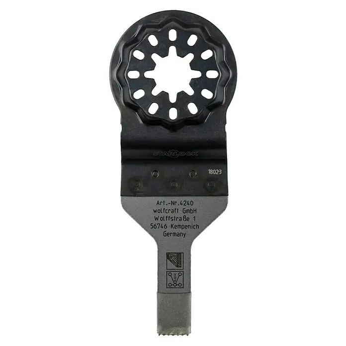 Wolfcraft Tauchsägeblatt Expert BiM - Arbeitsbreite: 10 mm - Bild einer Wolfcraft GmbH Starlock-Sägeblatt, Art.-Nr. 4240, für oszillierende Elektrowerkzeuge, ideal zum Schneiden von Materialien.
