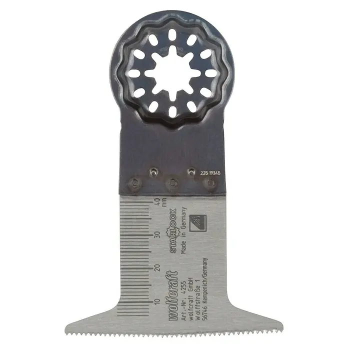 Wolfcraft Tauchsägeblatt HCS - Arbeitsbreite: 65 mm, 1 Stk. - Das Bild zeigt ein Wolfcraft Starlock Multifunktionswerkzeug-Sägeblatt, ideal zum Sägen verschiedener Materialien.