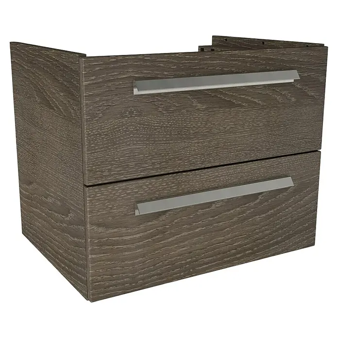 Lanzet K1 Badmöbel-Set K16E1 - 59,2 cm, Eiche Maron - Ein kompakter Badezimmerschrank mit zwei Schubladen und eleganten, silberfarbenen Griffen im modernen Design. Die Holzmaserung verleiht ihm eine natürliche Note.