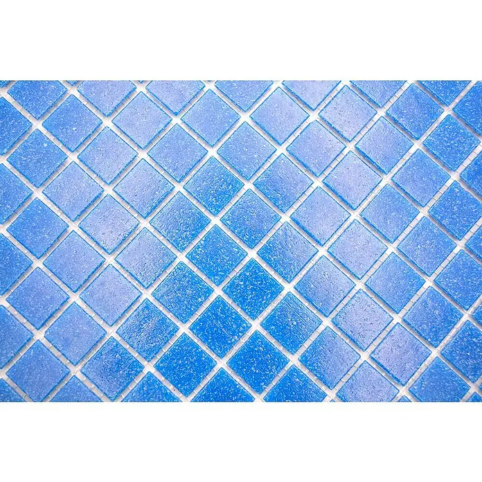 Mosaikfliese Quadrat Uni GM A 39 - 30,5 x 30,5 cm, Blau, Glänzend - Nahaufnahme von blauen Mosaikfliesen, die ein wiederholtes quadratisches Muster bilden, ideal für Badezimmer- oder Küchenrückwände.