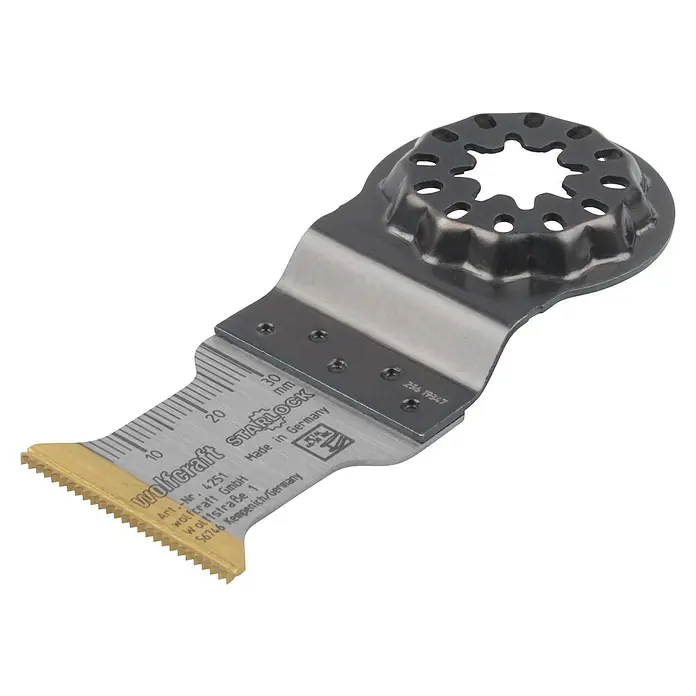 Wolfcraft Tauchsägeblatt HM TiN - 32 mm, 1 Stk. - Wolfcraft Starlock Sägeblatt mit goldenen Zähnen und Messskala für präzise Schnitte in Holz, Metall und Kunststoff.