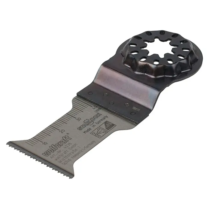 Wolfcraft Tauchsägeblatt HCS - Arbeitsbreite: 35 mm, 1 Stk. - Das Bild zeigt ein Wolfcraft Starlock Oszillierwerkzeug-Sägeblatt, ideal für präzise Schnitte und vielseitige Anwendungen im Handwerk.