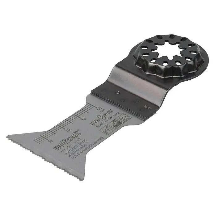 Wolfcraft Tauchsägeblatt Expert BiM - Arbeitsbreite: 44 mm - Nahaufnahme eines Wolfcraft Starlock Schabers mit Skala, ideal zum Entfernen von Kleberesten und Farbresten. Hergestellt in Deutschland.