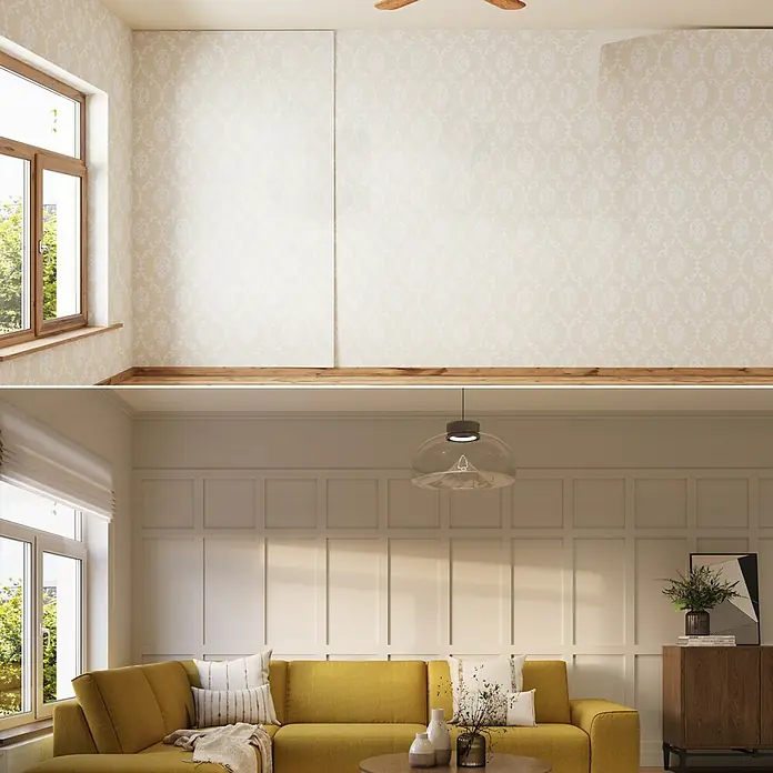 Nmc Decoflair Zierprofil Deckenleiste D13 - 2 Stk., 2 m x 42 mm x 49 mm, Extrudiertes Polystyrol (XPS) - Elegantes Wohnzimmer mit senfgelbem Sofa, stilvoller Wandvertäfelung und dekorativer Beleuchtung. Einladende Atmosphäre für entspannte Stunden.
