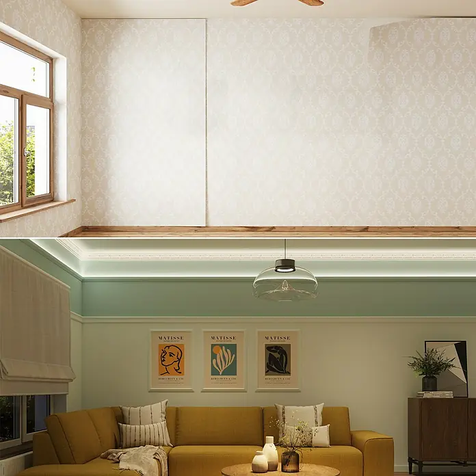 Nmc Decoflair Zierprofil CL11 - L x B x H: 2 m x 33 mm x 50 mm, Hochverdichtetes extrudiertes Polymer (HDPS) - Wohnzimmer mit stilvoller Dekoration, gelbem Sofa und modernen Lampen. Die perfekte Kombination aus Komfort und Ästhetik für Ihr Zuhause.