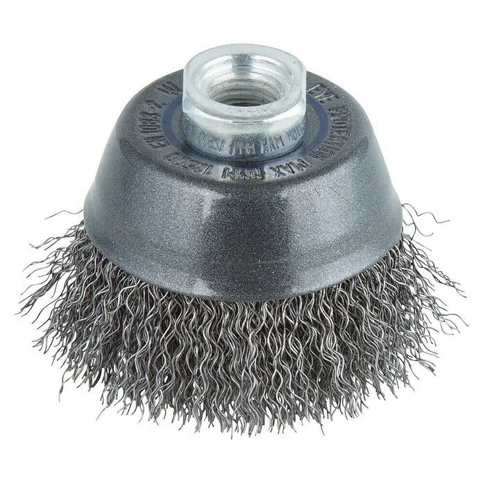 Wolfcraft Topfbürste - Stahldraht, 70 mm, Art Draht: Gewellt - Robuste Drahtbürste für Winkelschleifer, ideal zum Entrosten und Reinigen von Metalloberflächen.