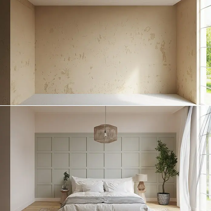 Nmc Decoflair Zierprofil Deckenleiste D1 - 1,5 m x 21 mm x 21 mm, Extrudiertes Polystyrol (XPS) - Vorher-Nachher-Bild eines Raumes, der in ein gemütliches Schlafzimmer mit Bett, Lampe und grüner Wandverkleidung verwandelt wurde.