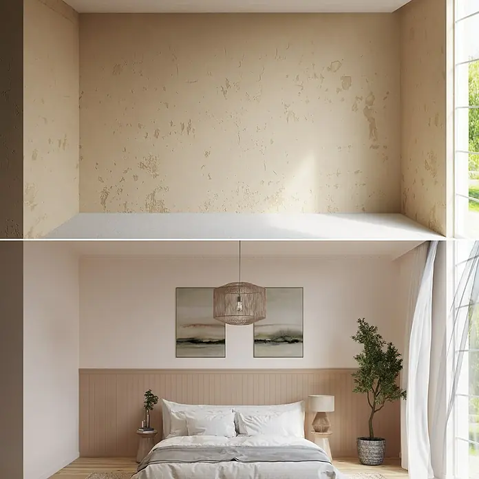 Nmc Decoflair Zierprofil Wandleiste C9 - 2 m x 15 mm x 70 mm, Hochverdichtetes extrudiertes Polymer (HDPS) - Verwandlung eines leeren Raumes in ein gemütliches Schlafzimmer mit Bett, Lampen, Kunstwerken und Zimmerpflanze.