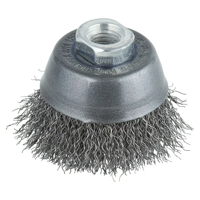 Wolfcraft Topfbürste - Edelstahl, 70 mm, Gewellt - Drahtbürstenaufsatz mit Gewindeanschluss für die Winkelschleifmaschine zum Entrosten, Reinigen und Entlacken von Oberflächen.