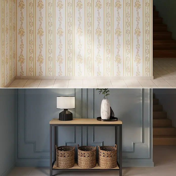 Nmc Decoflair Zierprofil Deckenleiste C6 - 2 m x 20 mm x 30 mm, Hochverdichtetes extrudiertes Polymer (HDPS) - Das Bild zeigt ein Interieur mit einer Kommode mit Körben darunter, einer Lampe und einer Vase mit einer Pflanze darauf.