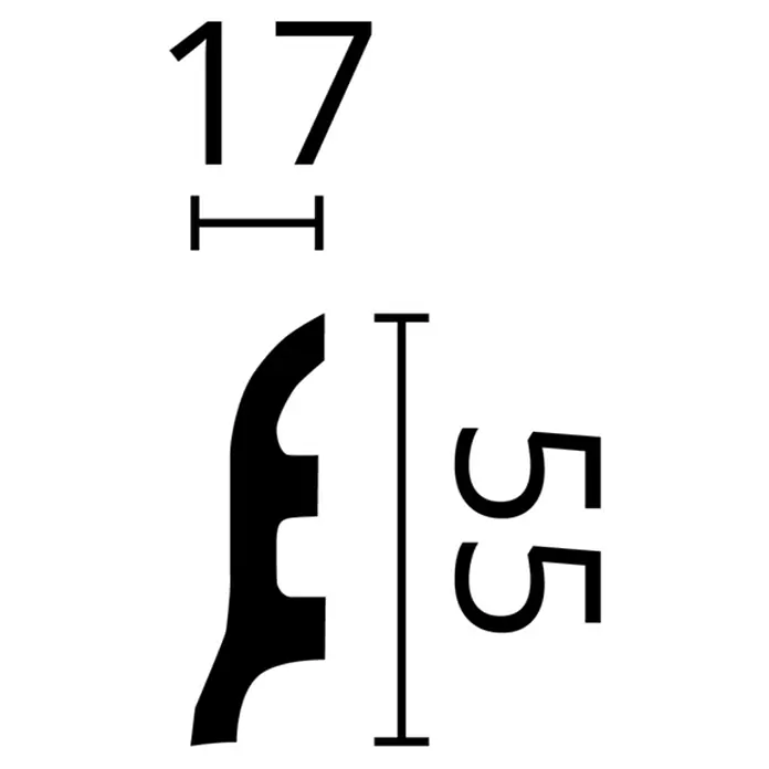 Nmc Decoflair Zierprofil Sockelleiste C4 - 2 m x 17 mm x 55 mm, Hochverdichtetes extrudiertes Polymer (HDPS) - Abstraktes Bild mit den Zahlen 17 und 55 sowie verschiedenen geometrischen Formen in Schwarz und Weiß.
