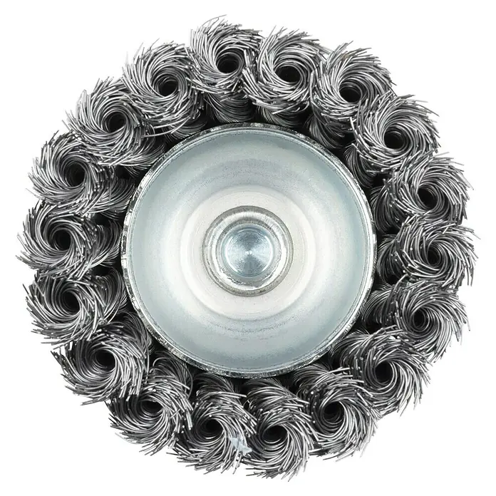 Wolfcraft Topfbürste - Stahldraht, 75 mm, Art Draht: Gezopft - Draufsicht auf eine runde Drahtbürste mit spiralförmigen Borsten und Metalleinfassung. Ideal für Entrosten und Reinigen.