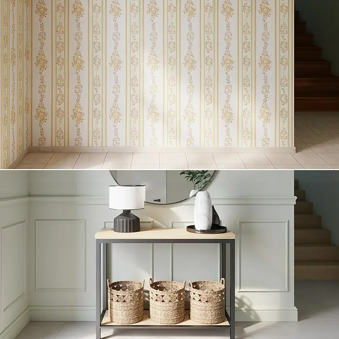 Nmc Decoflair Zierprofil Deckenleiste E21 - 2 m x 30 mm x 65 mm, Expandiertes Polystyrol (EPS) - Das Bild zeigt einen Raum mit floraler Tapete und einen Raum mit einer Konsole, einer Lampe, einem Spiegel und dekorativen Körben.