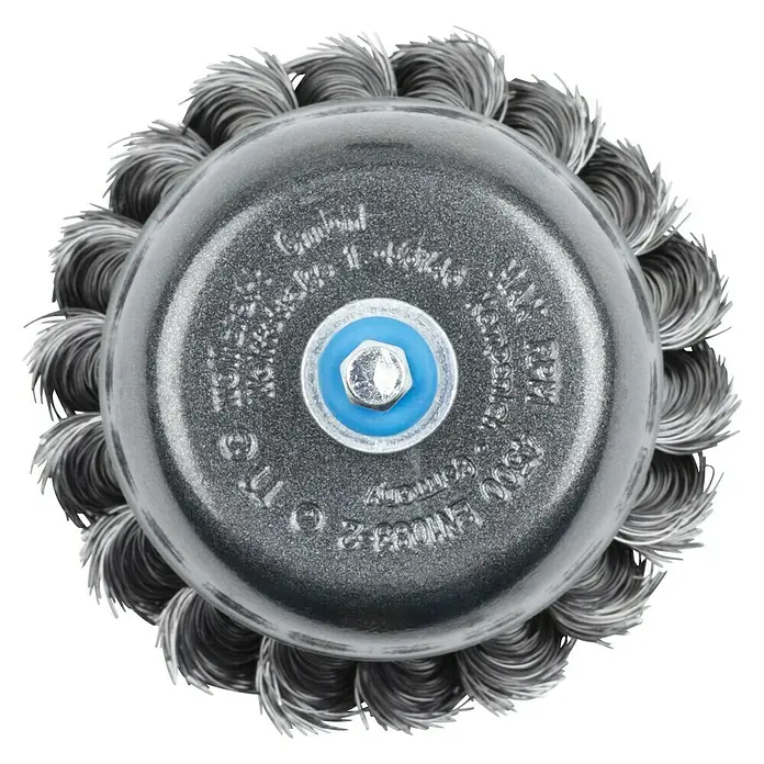 Wolfcraft Topfbürste - Stahldraht, 75 mm, Art Draht: Gezopft - Drahtbürstenaufsatz mit geflochtenen Stahldrähten und Mittenbefestigung für Schleifarbeiten an Oberflächen.