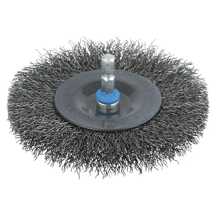 Wolfcraft Scheiben-Drahtbürste - Stahldraht, Durchmesser: 100 mm, Gewellt - Drahtbürstenaufsatz für Bohrmaschine. Ideal zum Entrosten und Reinigen von Metalloberflächen mit Aufnahme für Bohrmaschinen.