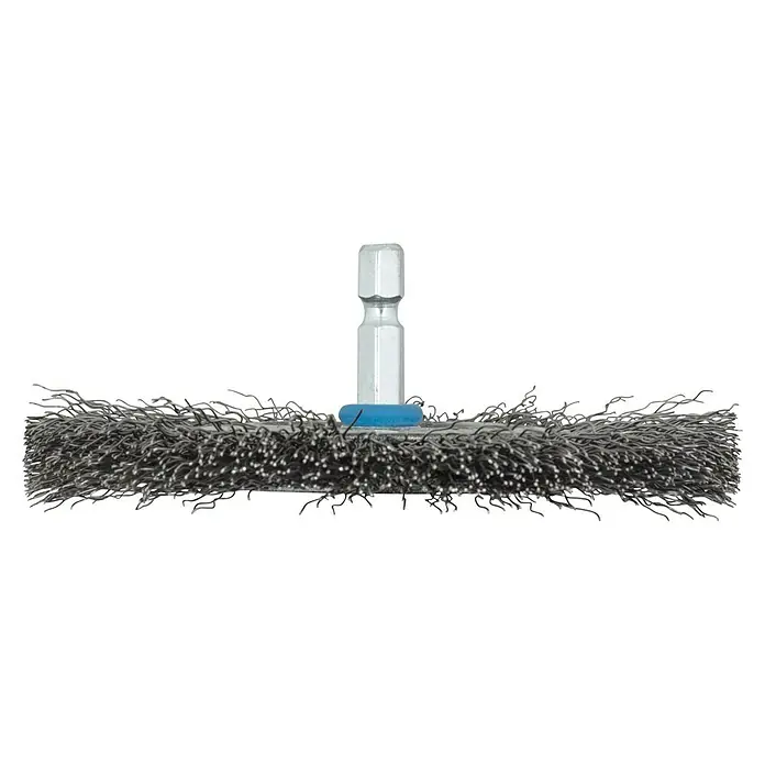Wolfcraft Scheiben-Drahtbürste - Stahldraht, Durchmesser: 100 mm, Gewellt - Draufsicht auf eine kreisförmige Drahtbürste mit blauem Ring und Metallschaft, die sich ideal zum Entfernen von Rost eignet.