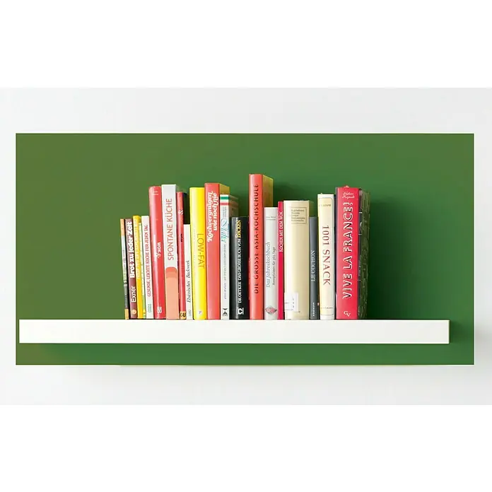 Alpina Vollton- & Abtönfarbe Color - Jungle Green, Matt, 250 ml, Lösemittelfrei - Bücherregal mit Kochbüchern. Die Bücher sind thematisch passend und dekorativ aufgereiht.