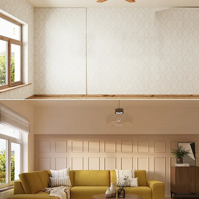 Nmc Decoflair Zierprofil Wandleiste CL1 - 2 m x 16 mm x 38 mm, Hochverdichtetes extrudiertes Polymer (HDPS) - Helles Wohnzimmer mit gelbem Sofa, Holzboden und stilvoller Wandvertäfelung für ein gemütliches Ambiente. Die perfekte Raumatmosphäre.