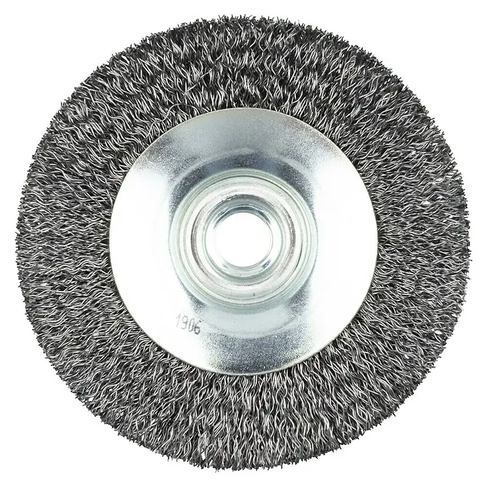 Wolfcraft Kegel-Drahtbürste WS M14 - Durchmesser: 100 mm, Gewellt - Rundbürste mit Drahtborsten und einer zentralen Metallbefestigung. Ideal für Reinigungs- und Entgratungsarbeiten auf Oberflächen.