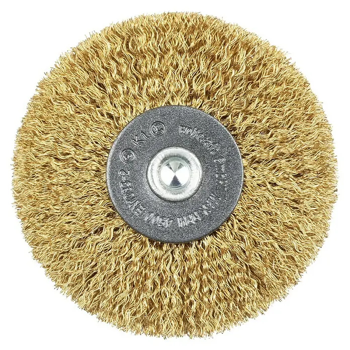 Wolfcraft Holz-Strukturbürste - Durchmesser: 80 mm - Detailaufnahme einer Drahtbürste, ideal zum Reinigen und Entrosten von Oberflächen. Perfekt für Handwerker und Heimwerker geeignet.