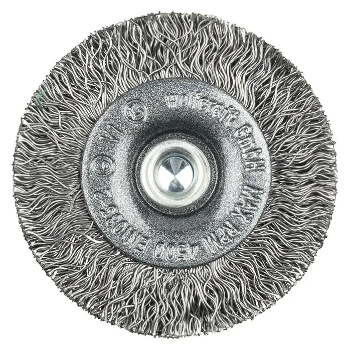 Wolfcraft Scheiben-Drahtbürste - Stahldraht, Durchmesser: 50 mm, Gewellt - Abbildung einer Drahtbürste für Bohrmaschine, ideal zum Entrosten und Reinigen von Metalloberflächen. Robust und langlebig für vielseitige Anwendungen.