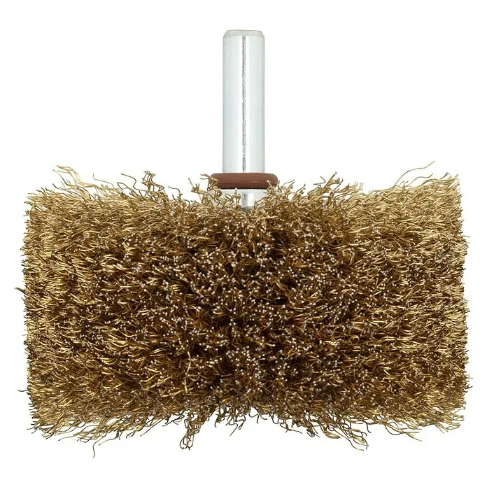 Wolfcraft Holz-Strukturbürste - Durchmesser: 80 mm - Detailaufnahme einer Drahtbürste mit Schaft, ideal zum Entrosten und Reinigen von Metalloberflächen.