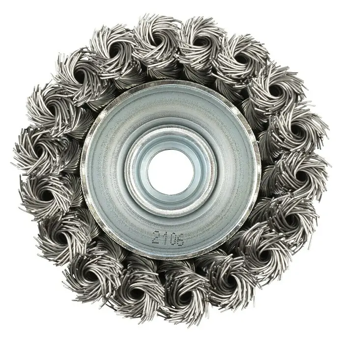 Wolfcraft Topfbürste - Edelstahl, 75 mm, Gezopft - Das Bild zeigt eine Drahtbürste mit spiralförmigen Borsten und einer Metallhalterung in der Mitte, ideal für Reinigungs- und Entgratungsarbeiten.