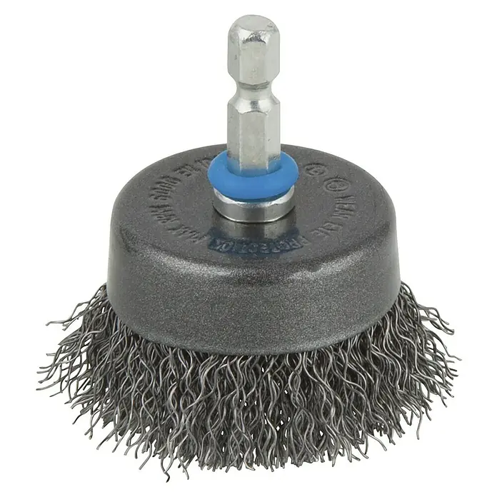 Wolfcraft Topfbürste - Stahldraht, 50 mm, Art Draht: Gewellt - Drahtbürsten-Aufsatz für Bohrmaschinen, ideal zum Entrosten und Reinigen von Oberflächen. Robustes Werkzeug für den professionellen Einsatz.