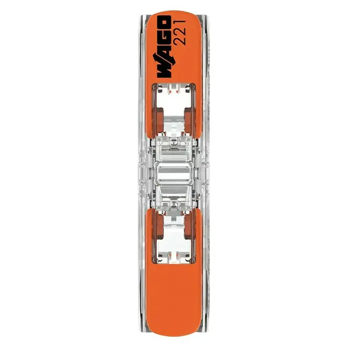 Wago Durchgangsklemme 221-2411 mit Hebeln12 Stk., 0,2 mm² - 4 mm² - Detailaufnahme eines Wago 221-Verbindungsstücks mit Hebelklemmen für schnelle und sichere elektrische Verbindungen in der Installationstechnik.