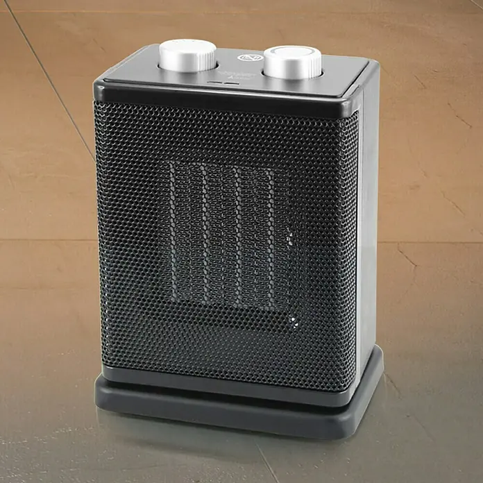 Voltomat HEATING Heizlüfter FH-111907 - 750 kW - 1.500 W, Schwarz, 17,8 x 12,3 x 24,4 cm - Nahaufnahme eines tragbaren, elektrischen Heizgeräts mit Drehknöpfen zur Temperaturregelung.