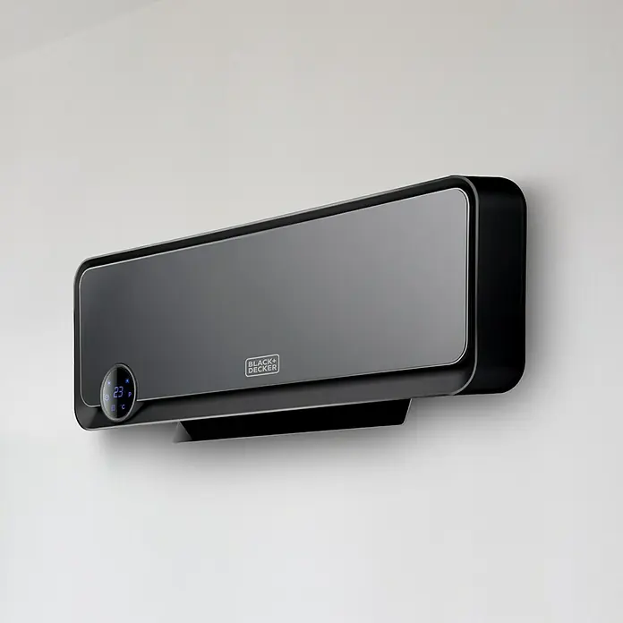 Black+Decker Heizlüfter BXWSH2000E - 1.000 W - 2.000 W, Anthrazit, IPX2 - Das Bild zeigt eine moderne Black+Decker Klimaanlage in Schwarz, die an einer Wand montiert ist und eine Temperaturanzeige hat.