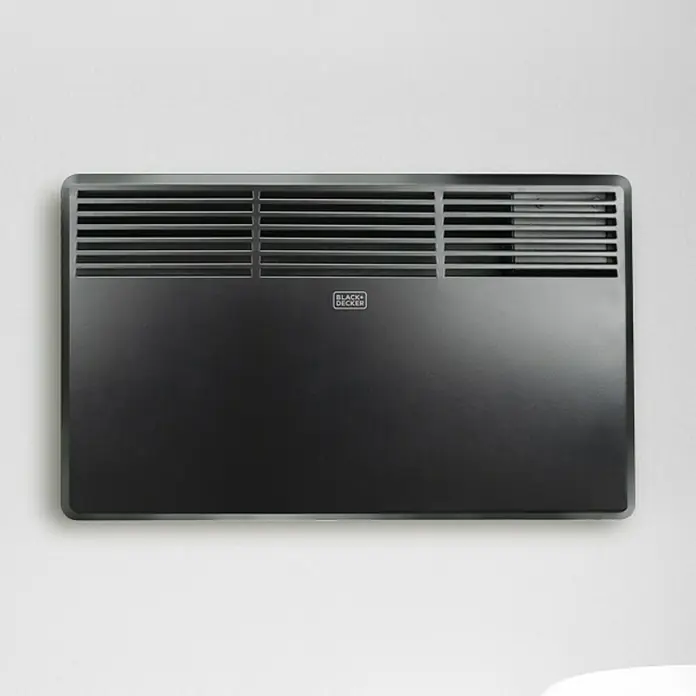 Black+Decker Konvektorheizung BXCSH1200E - 1.200 W, Raumgröße bis ca. 12 m², Schwarz - Wandmontierter Black+Decker Heizkörper mit horizontalen Lamellen für effiziente Wärmeverteilung und stilvolles Design.