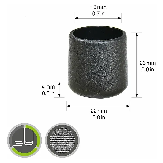 Wagner System Plastik-Gleiter - Schwarz, Gesamtstückzahl: 4 Stk., Lochdurchmesser 1: 18 mm - Produktbild mit Maßangaben für einen schwarzen Möbelbeinschutz, der die Größe und Form des Artikels zeigt.