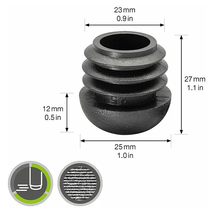 Wagner System Möbelgleiter - Durchmesser: 25 mm, 4 Stk., Kunststoff - Nahaufnahme eines schwarzen Möbelbeinschutzes mit Größenangaben.