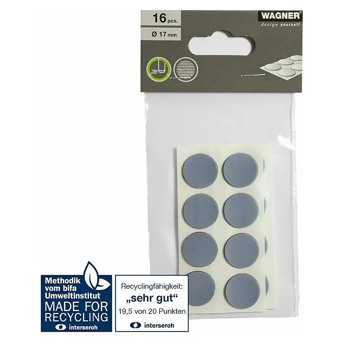 Wagner System Möbelgleiter - Durchmesser: 17 mm, Kleben, 16 Stk., Kunststoff - Eine Packung Wagner Möbelgleiter mit 16 Stück und einem Durchmesser von 17 mm, ideal zum Schutz von Böden.