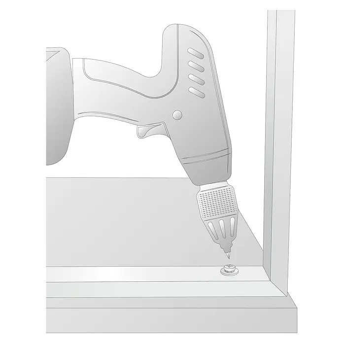Wagner System Tischgestell - Stahl, B x H: 30 x 71 cm - Abbildung eines Akkuschraubers beim Eindrehen einer Schraube in ein Holzstück, dargestellt in einer technischen Zeichnung.