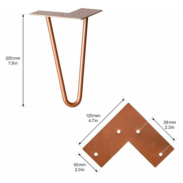 Wagner System Möbelfuß Hairpinlegs - Stahl, Höhe: 20 cm, Rosé Gold - Abbildung eines Tischbeins aus Metall mit L-förmiger Montageplatte, beschriftet mit Maßangaben in Millimetern und Zoll.