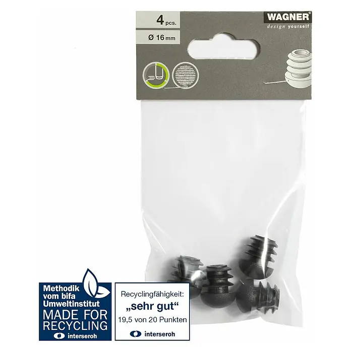 Wagner System Plastik-Gleiter - Lochdurchmesser 1: 14 mm - Bild von Wagner Stuhlkappen, 4 Stück, Ø 16 mm, aus Kunststoff, schwarz, verpackt in einer transparenten Plastiktüte mit Pappetikett.