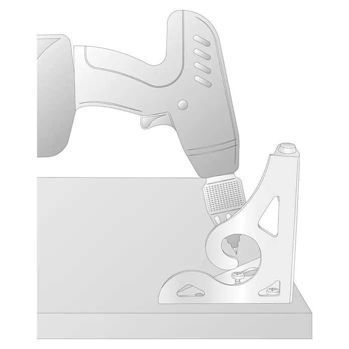 Wagner System Möbelfuß Sofa Style - L x B x H: 10 x 10 x 12 cm, Stahl - Ein Bohrmaschinen-Schraubendreher auf einem Ständer fixiert, ideal für präzises Schrauben in Werkstätten.