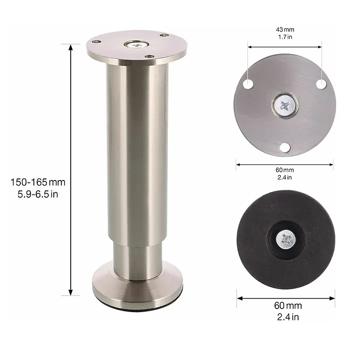 Wagner System Möbelfuß - Stahl, Höhenverstellung: 15 cm - 16,5 cm - Abbildung eines verstellbaren Möbelfußes aus gebürstetem Metall mit Maßangaben.