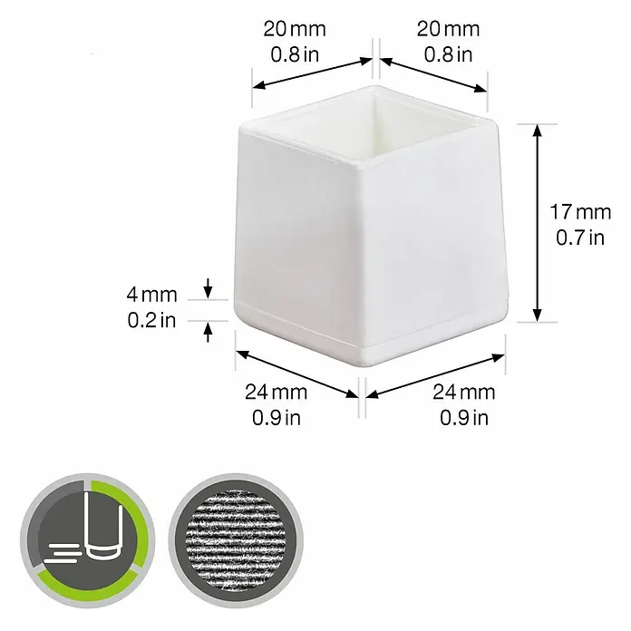 Wagner System Plastik-Gleiter - Weiß, 4 Stk., L x B: 20 x 20 mm - Eine Nahaufnahme einer weißen, quadratischen Möbelschutzkappe mit Maßangaben, die ihre Größe und Abmessungen detailliert beschreiben.