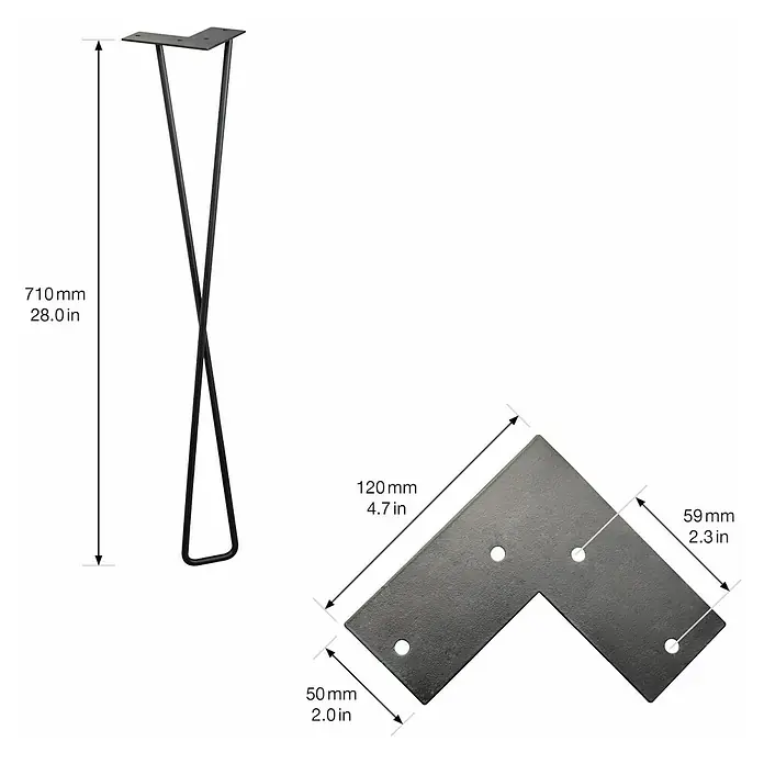 Wagner System Möbelfuß Hairpin Twist - Höhe: 710 mm, Stahl, Schwarz - Abbildung eines Tischbeins mit den Maßen 710 mm Länge und einer L-förmigen Halterung mit den Maßen 120 mm x 59 mm.