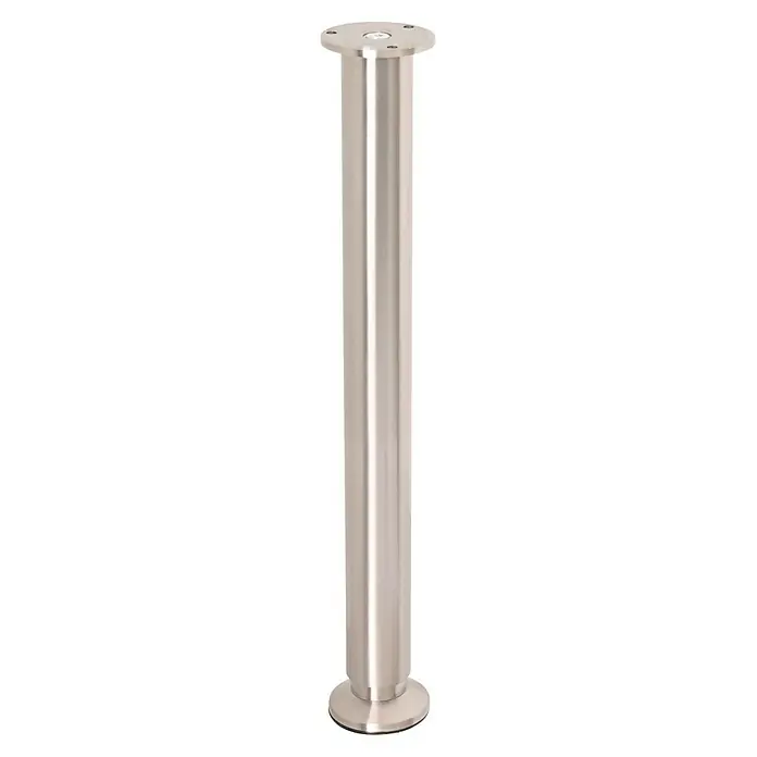 Wagner System Teleskop-Möbelfuß - Durchmesser: 3,8 cm, Höhenverstellung: 40 cm - 41,8 cm, Stahl - Eine elegante, silberfarbene Säule mit einer markanten Basis und Spitze, die ein modernes Designelement darstellt.