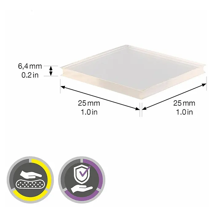 Wagner System Plastik-Gleiter - L x B x H: 25 x 25 x 6,4 mm, Transparent, 4 Stk. - Produktansicht mit Maßangaben: Eine transparente, quadratische Platte mit den Maßen 25 mm x 25 mm und einer Dicke von 6,4 mm.